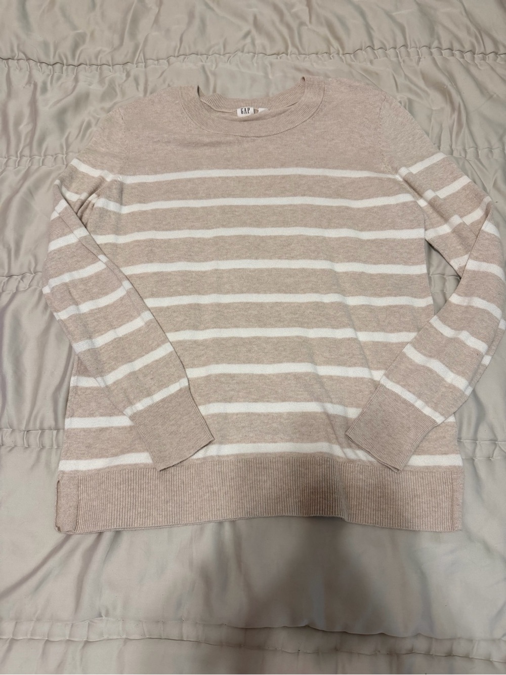 GAP Beige and White Striped Crewneck Sweater